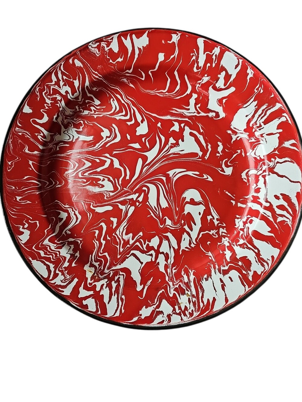 Vintage Style Red & White Marble Swirl Enamelware Dinner Plate - 10"